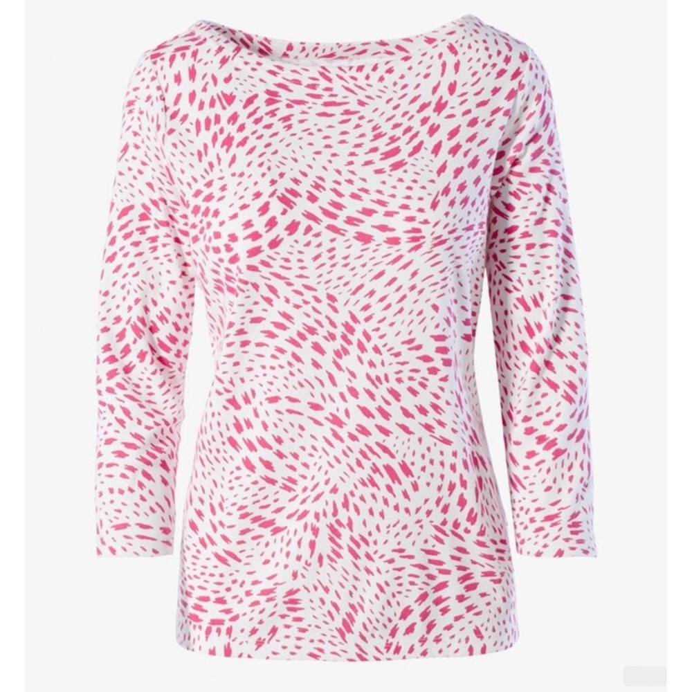 Chico’s Size 3 Eco Weave Piper Knit Top‎ in White with Pink Pattern Chicos XL